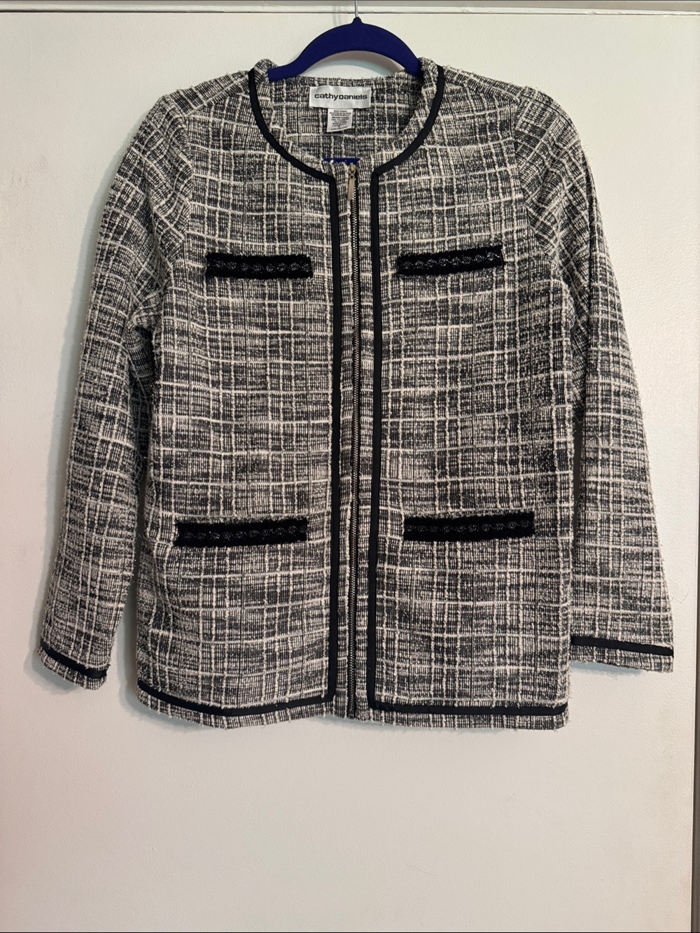 Cathy Daniels Black and White Tweed Collarless Jacket size S